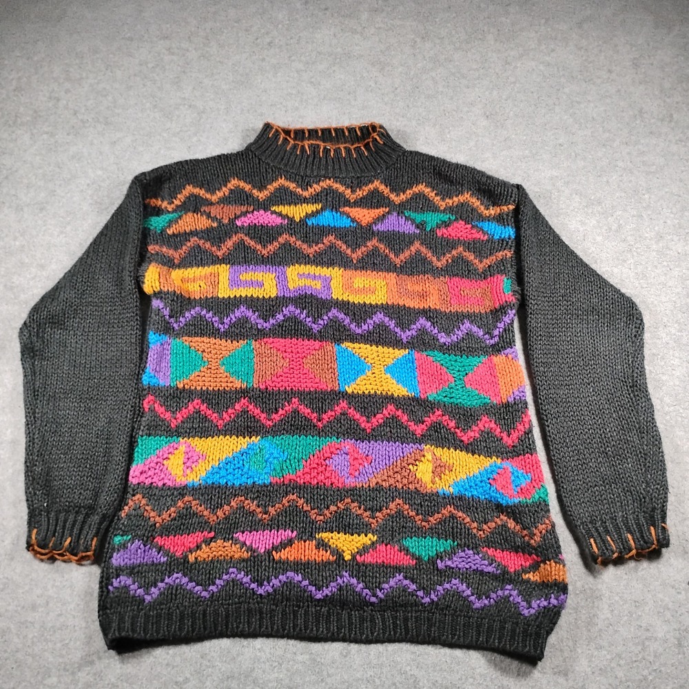 Vintage Spice of Life Geometric Knit Sweater Womens Size Medium Black Multicolor